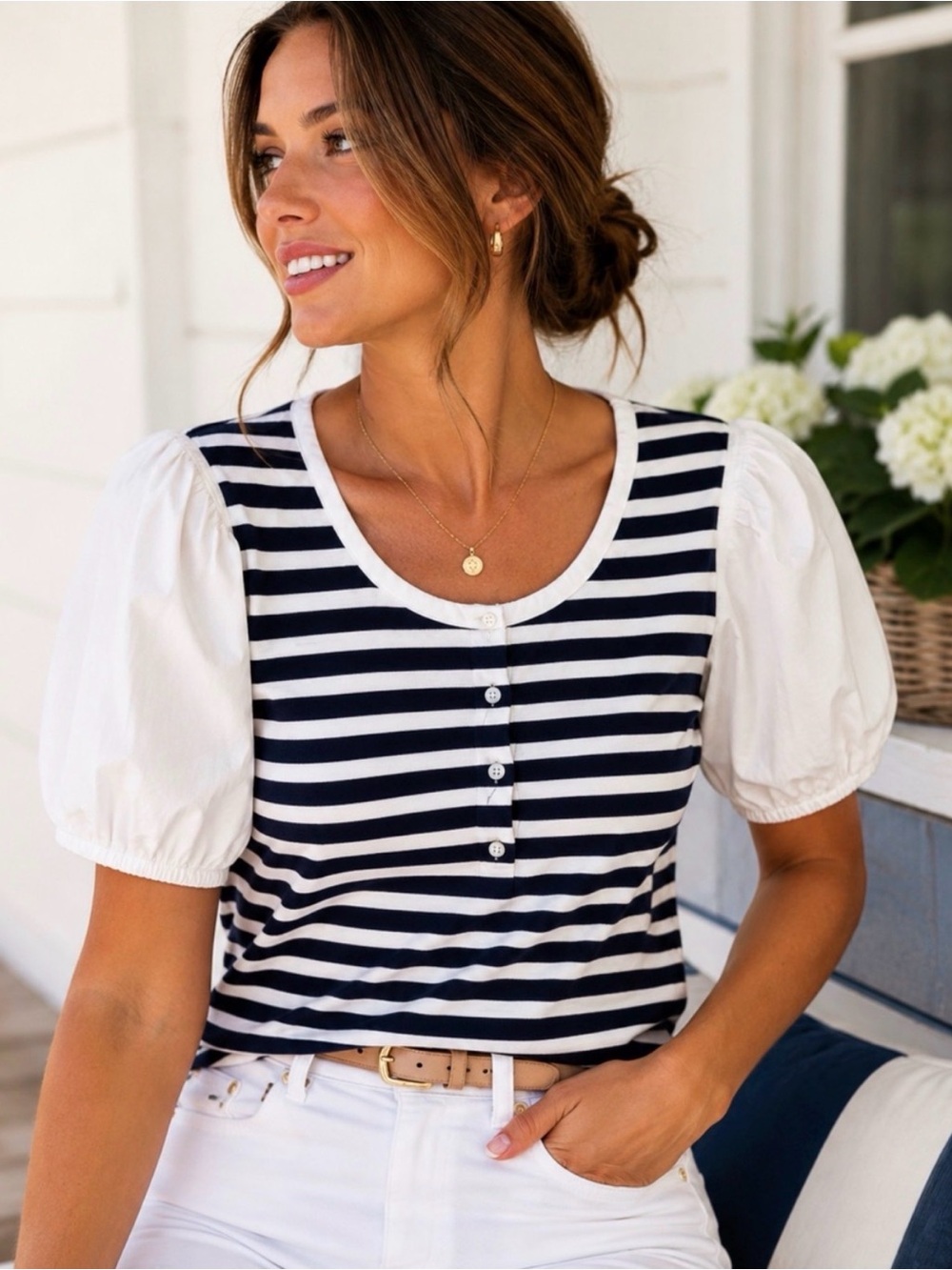 Talbots Navy & white puff sleeve top- size medium
